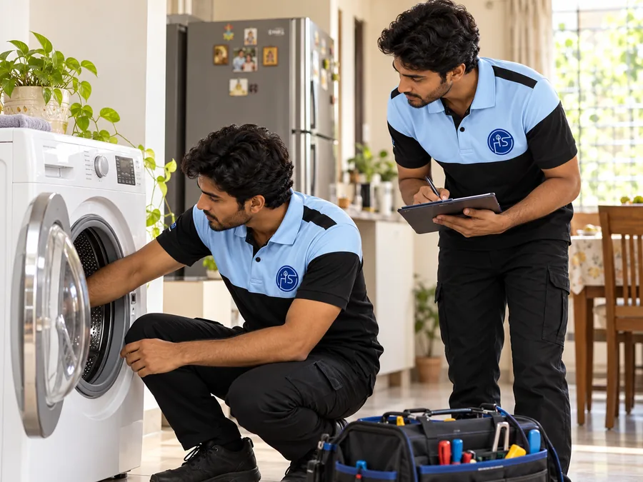 Indian appliance technicians beside a washing machine and refrigerator in a bright home