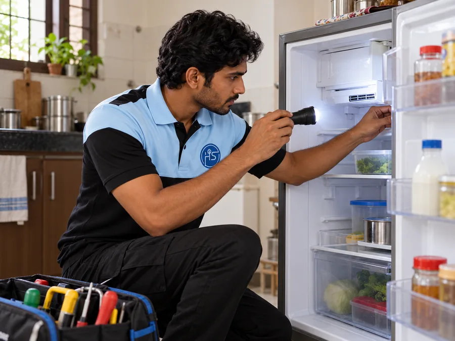 Technician inspecting an open refrigerator